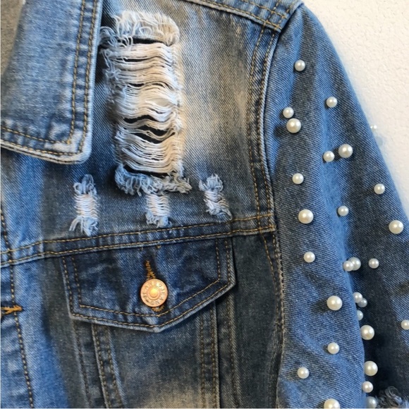 Live a Little Faux Pearl Studded Distressed Jean Jacket - Picture 2 of 7